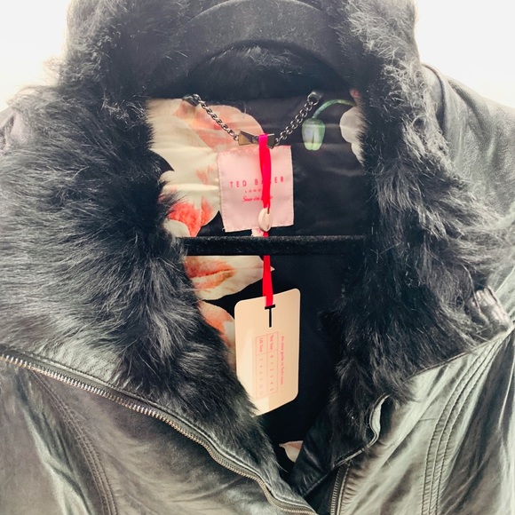 Ted Baker leather jacket size 2 genuine leather 100% lamb shearling fur collar - Picture 5 of 15